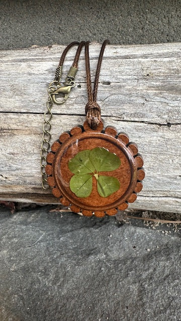 Real Four-Leaf Clover on Wooden Pendant Necklace - Get Lucky!