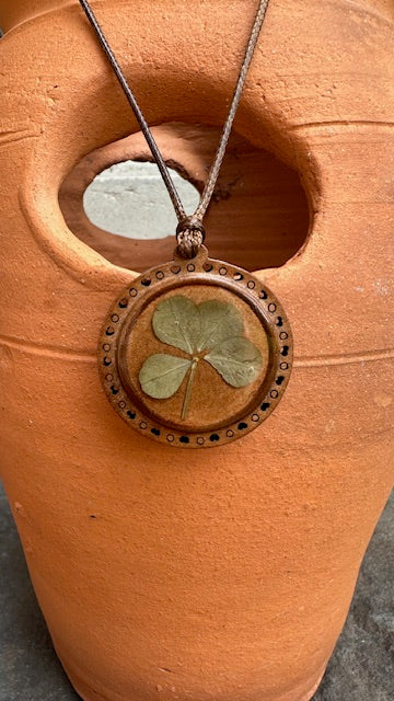 Real Four-Leaf Clover on Wooden Pendant Necklace - Get Lucky!