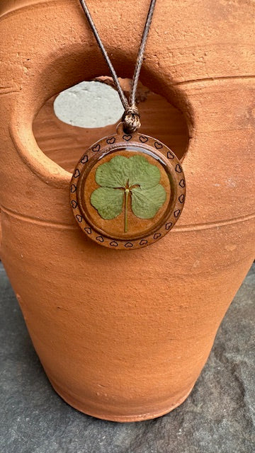 Real Four-Leaf Clover on Wooden Pendant Necklace - Get Lucky!