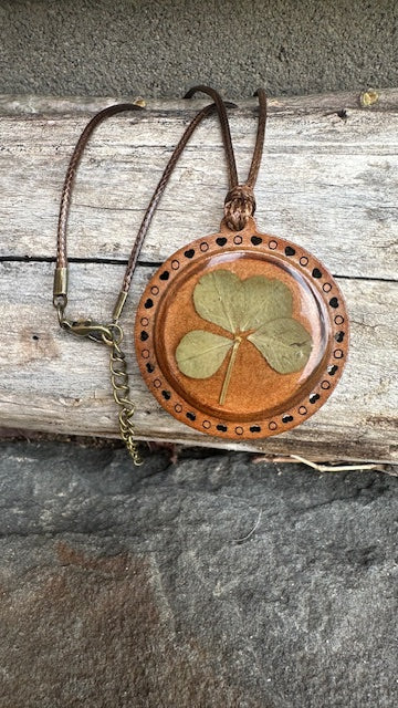 Real Four-Leaf Clover on Wooden Pendant Necklace - Get Lucky!