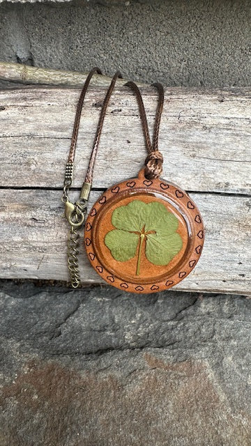 Real Four-Leaf Clover on Wooden Pendant Necklace - Get Lucky!